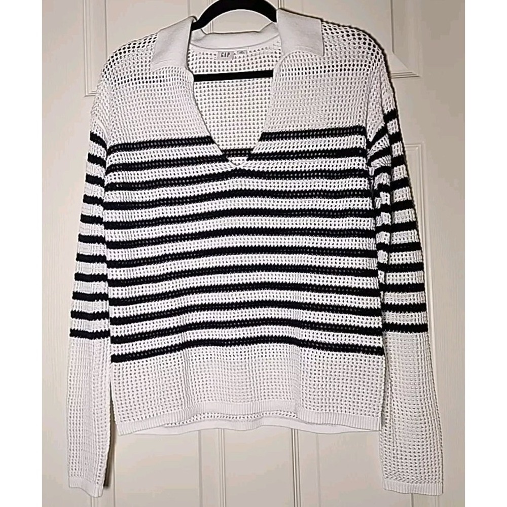 GAP Womens XS Relaxed Stripe White and Blue Crochet Collared Sweater Nautical